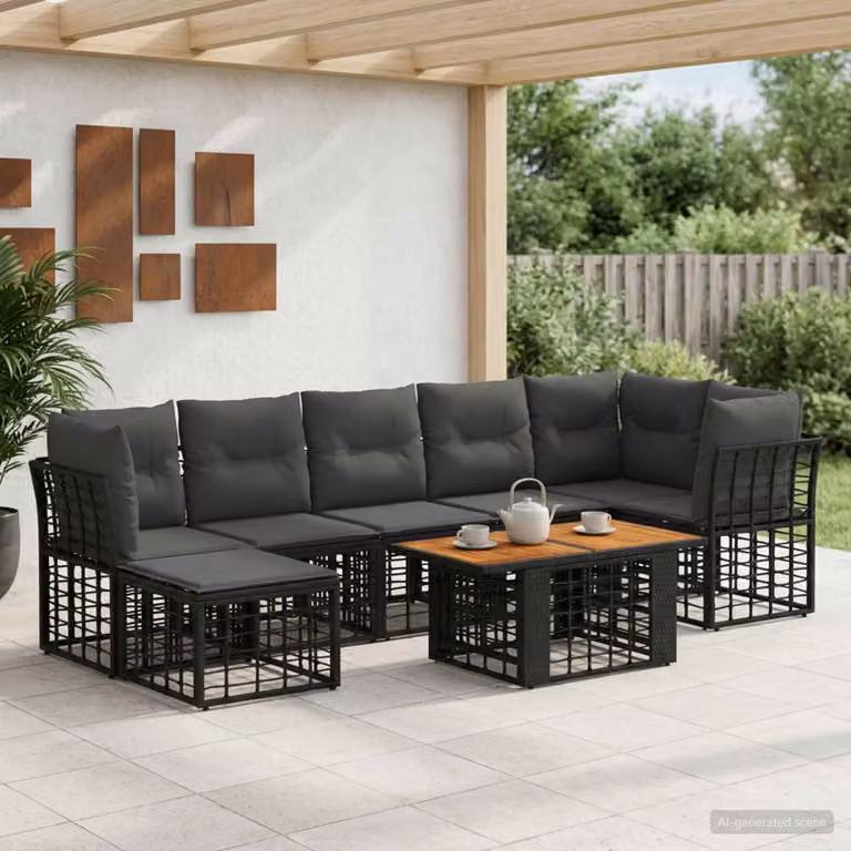 Set Divano da Giardino vidaXL 8 Pezzi in Polyrattan Nero e Grigio con Cuscini e Tavolino da Esterno
