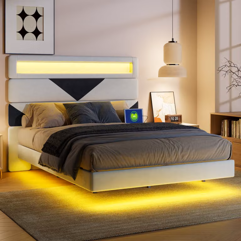 Letto imbottito ProximaX, testata triangolare, pannello in legno regolabile, 2 porte di ricarica USB, strisce luminose su testata e pediera, 160×200 cm, bianco + nero, velluto, caricatore UE