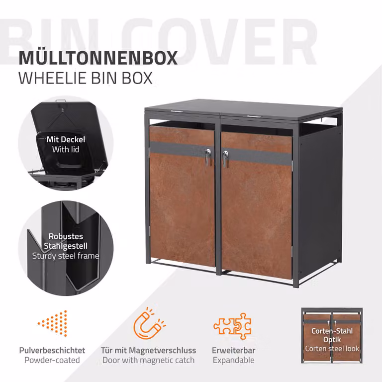 Contenitore per bidoni della spazzatura ML-Design, modello per 2 bidoni, capacità 240 litri ciascuno, dimensioni 132x80x120 cm, finitura effetto ruggine antracite, acciaio, resistente agli agenti atmosferici, copertura per bidoni della spazzatura con serr