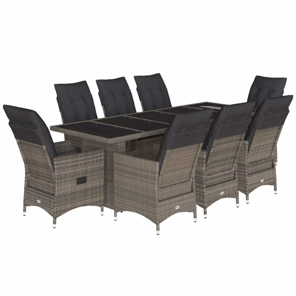 Set Bistrò da Giardino 9 pz con Cuscini in Polyrattan Grigio
