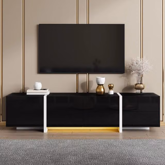 Mobile TV Minimal con Anta, Cassetto e Illuminazione LED Nero Lucido e Bianco