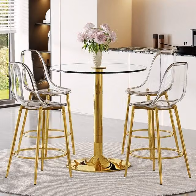 Set tavolo e sedie da bar con tavolo rotondo e 4 sgabelli, struttura in vetro, metallo e plastica oro trasparente