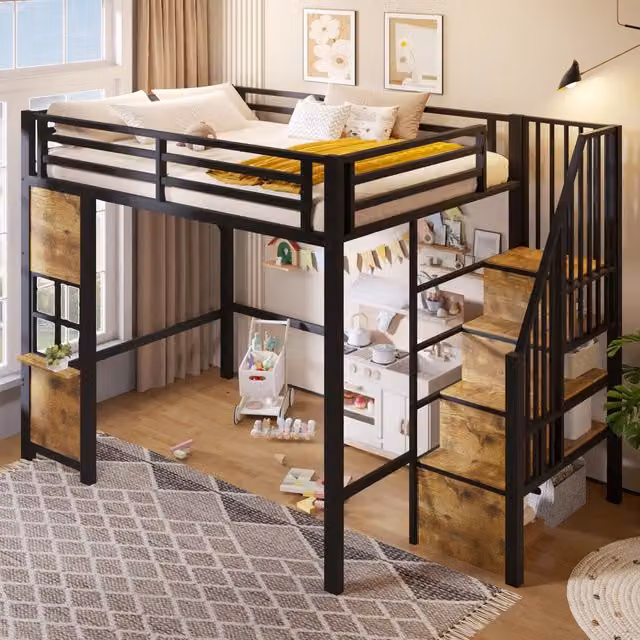 Letto a soppalco per bambini 140 × 200 cm con scala contenitore, ripiano laterale, senza materasso, nero