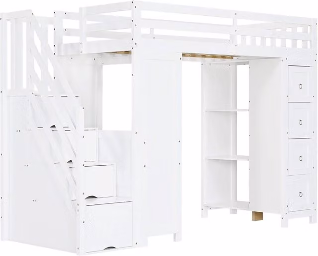 Letto a soppalco singolo bianco con scrivania, cassetti e mensole per camera dei bambini o home office, L/P: 200 x 90 cm