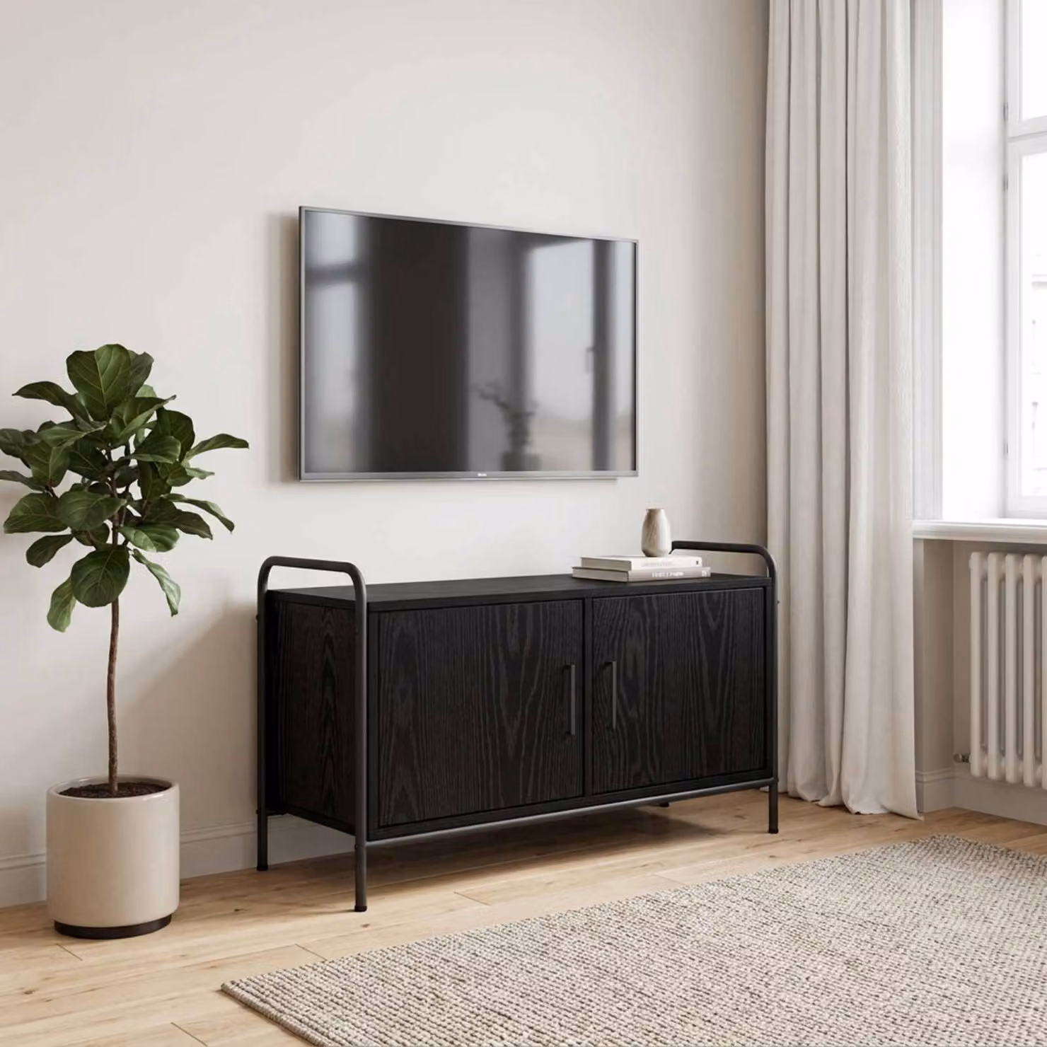 Mobile TV vidaXL Rovere Nero in Legno Ingegnerizzato e Metallo con Ruote L: 79,5 cm, P: 33 cm, H: 50 cm