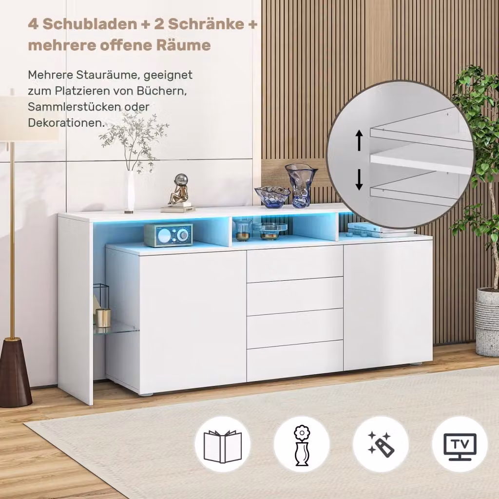 Sideboard Contenitore REDOM Bianco Lucido con Illuminazione LED Integrata e Vetro L/P/H: 160 x 35 x 70 cm – 2