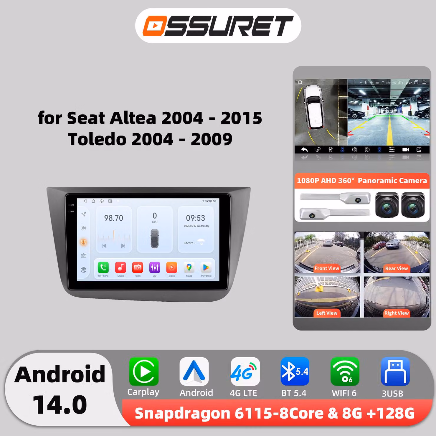 Autoradio QS8 con telecamera posteriore a 360 gradi - Sistema Android 14 - Schermo da 9 pollici - Doppio DIN