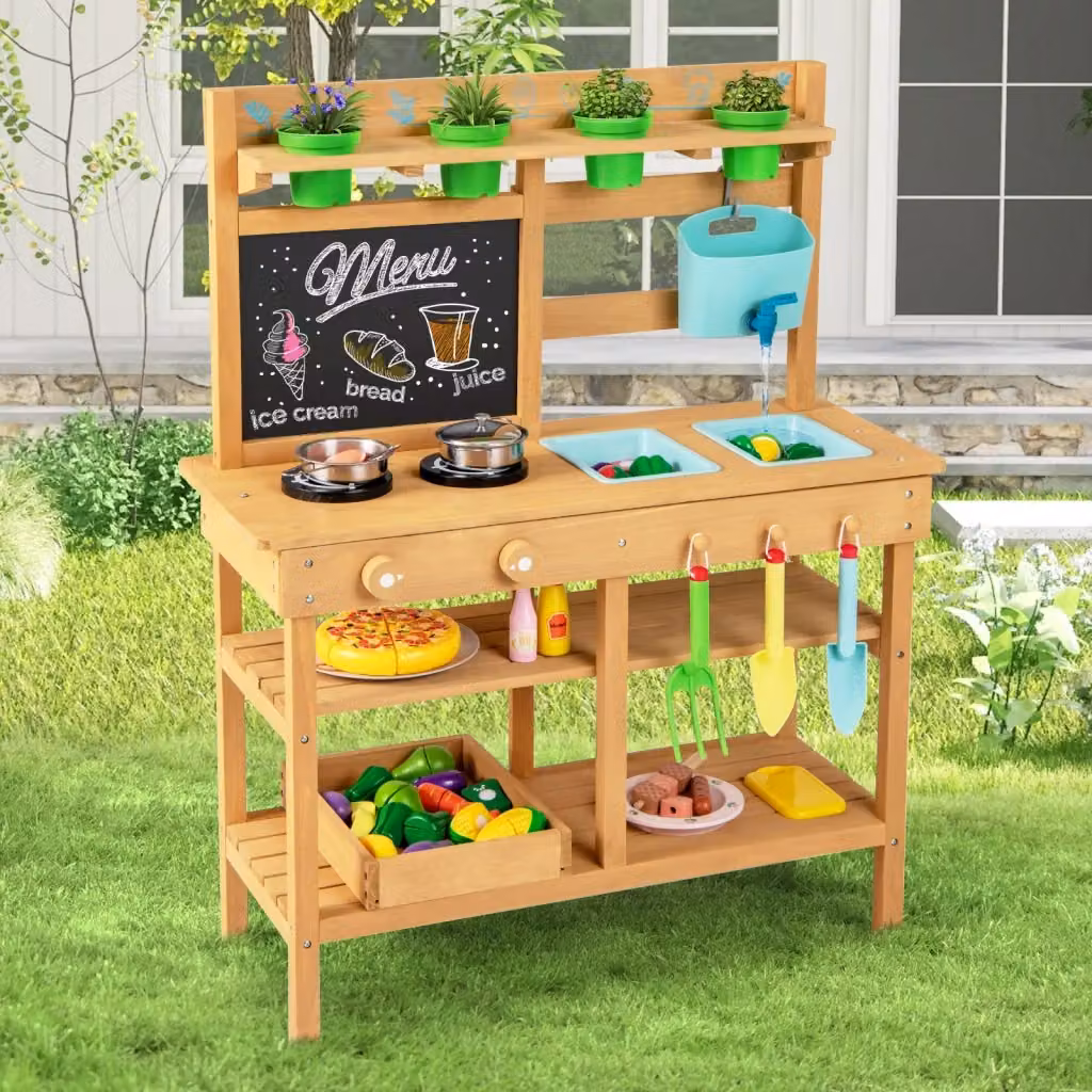 Cucina da gioco in legno multicolore per bambini con rubinetto, lavandini rimovibili, lavagna, fornelli e accessori per l'uso all'aperto – 2