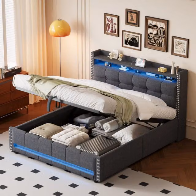 Letto matrimoniale imbottito 160×200 cm con LED, USB, mensole e vano contenitore idraulico, senza materasso, grigio