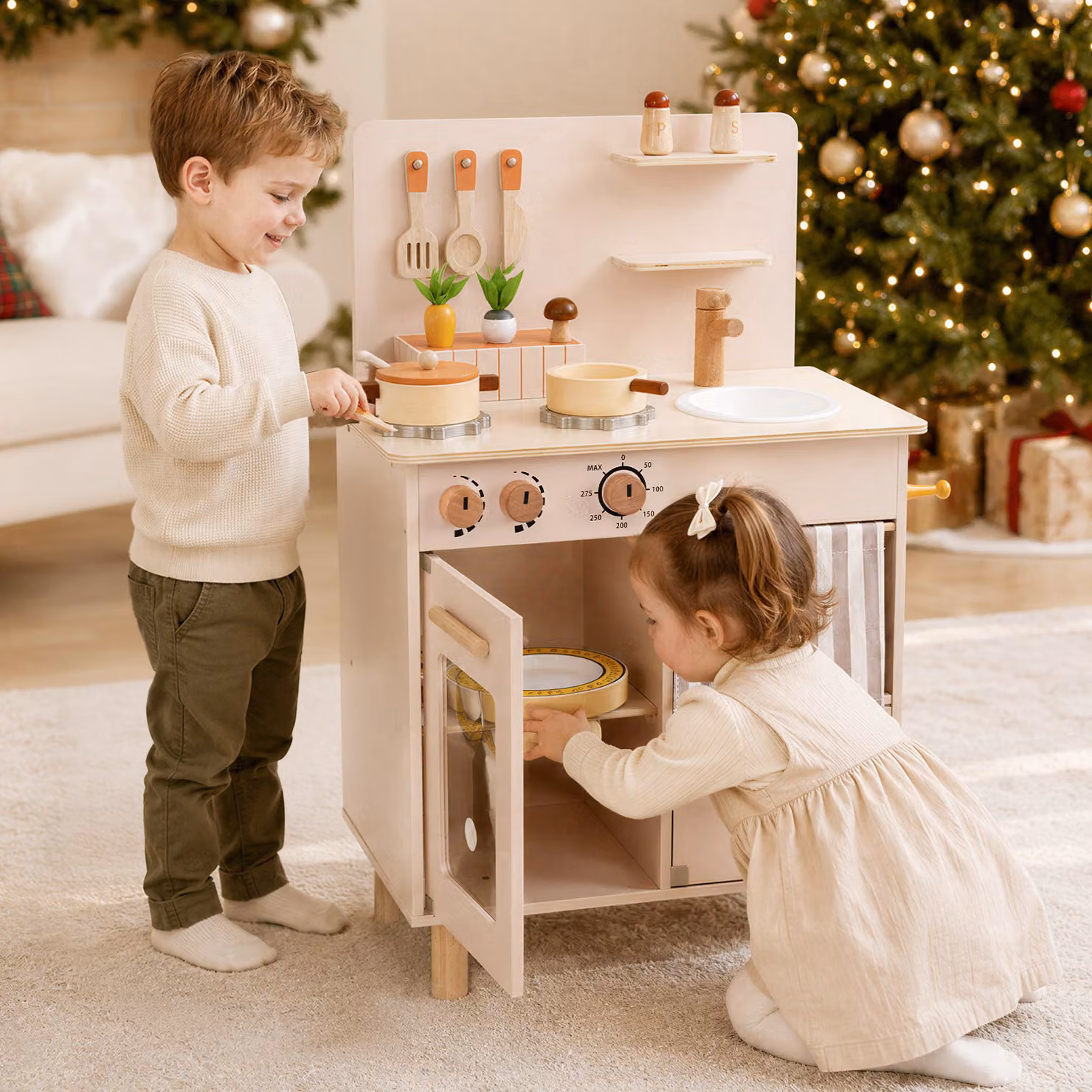 Cucina giocattolo in legno Costway con fornello, lavello e accessori, colore beige