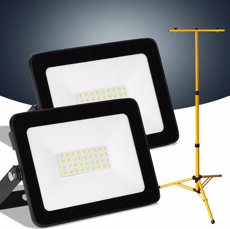 Jopassy 2x 30W LED proiettore da costruzione Proiettore a treppiede Proiettore da esterno Luce da lavoro Proiettore da costruzione IP66 Impermeabile Bianco caldo