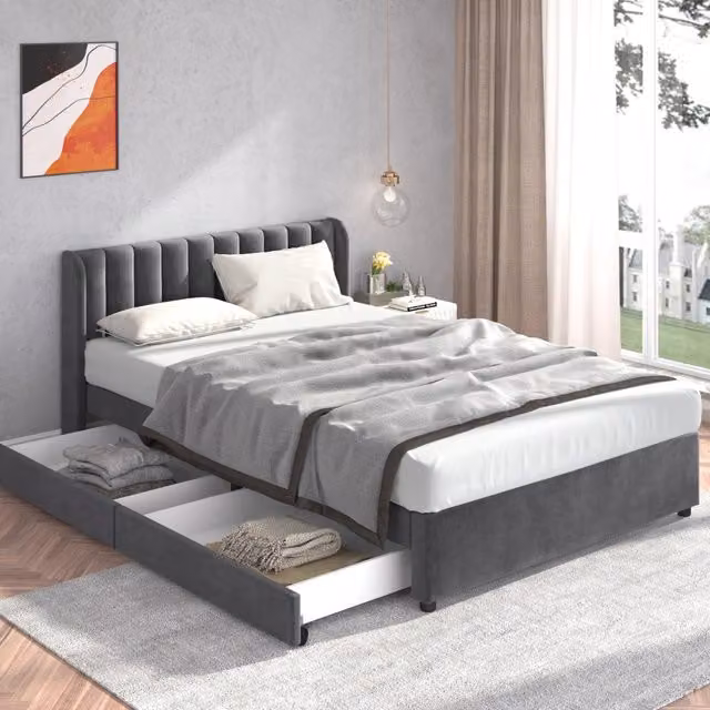 Letto matrimoniale imbottito 160 × 200 cm con 2 cassetti, senza materasso, rivestimento in velluto grigio