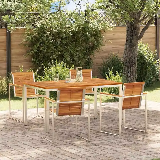 Set da pranzo per giardino e terrazzo vidaXL in legno di acacia e acciaio inossidabile, 5 pezzi, marrone e argento – 1