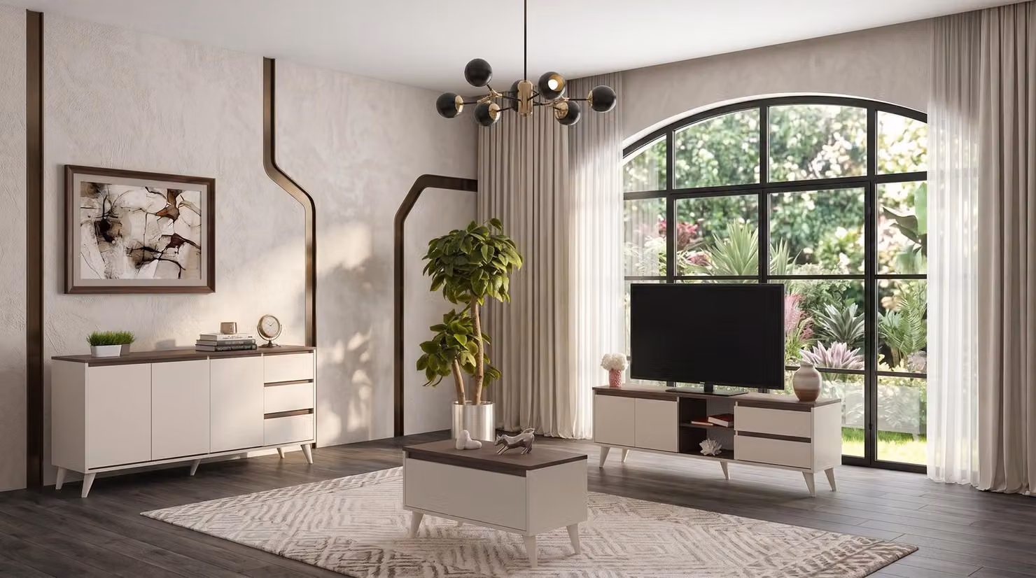 Set per soggiorno beige-marrone: mobile TV, tavolino, consolle. Angolo TV moderno