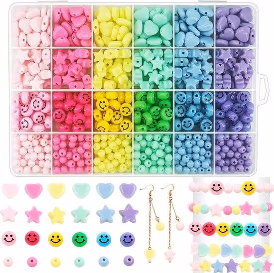 Perline - 900 pezzi - Perline in acrilico di colori pastello - Set di perline - con scatola portaoggetti - 24 scomparti - Tonalità delicate - perline in plastica colorate - per la creazione di gioielli, braccialetti, collane, portachiavi, lavori all'uncin