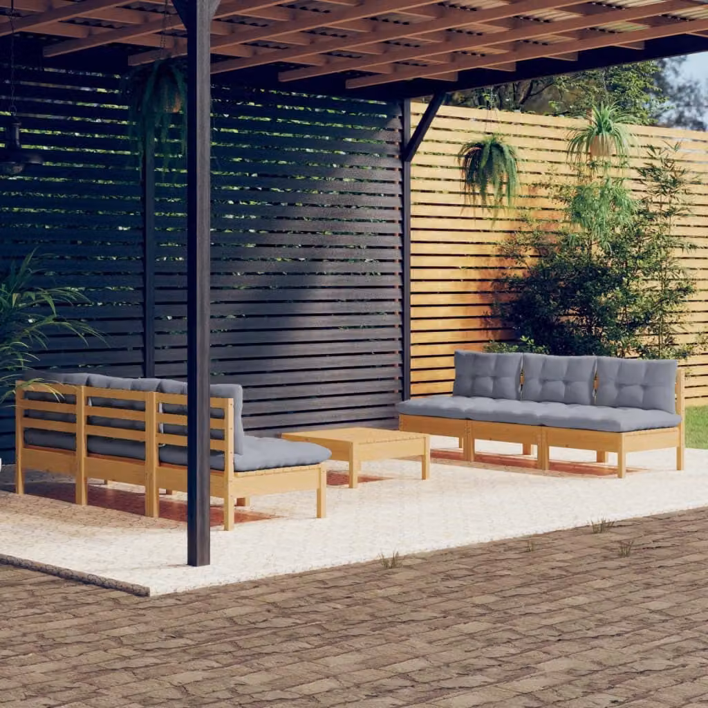 The Living Store Set da salotto da giardino 7 pezzi con cuscini grigi in legno di pino