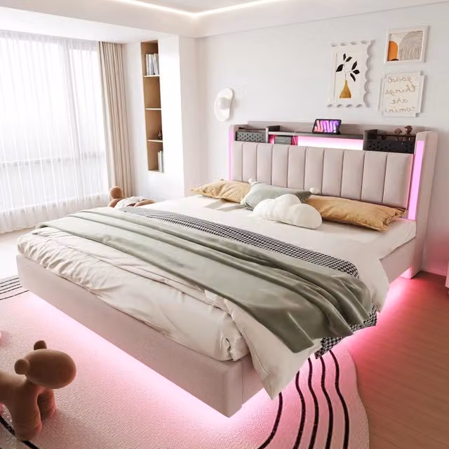 Letto matrimoniale WISHDOR imbottito beige con illuminazione LED, porte USB e testiera con contenitore e ripiani laterali, L/P/H: 160 x 200 x 111 cm