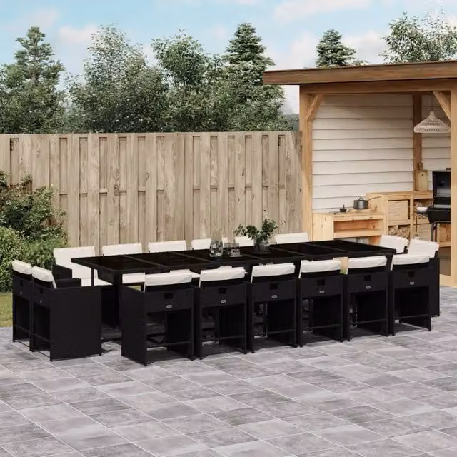 Set da Pranzo da Giardino vidaXL in Polyrattan Nero con Cuscini e Tavolo in Vetro, 17 Pezzi