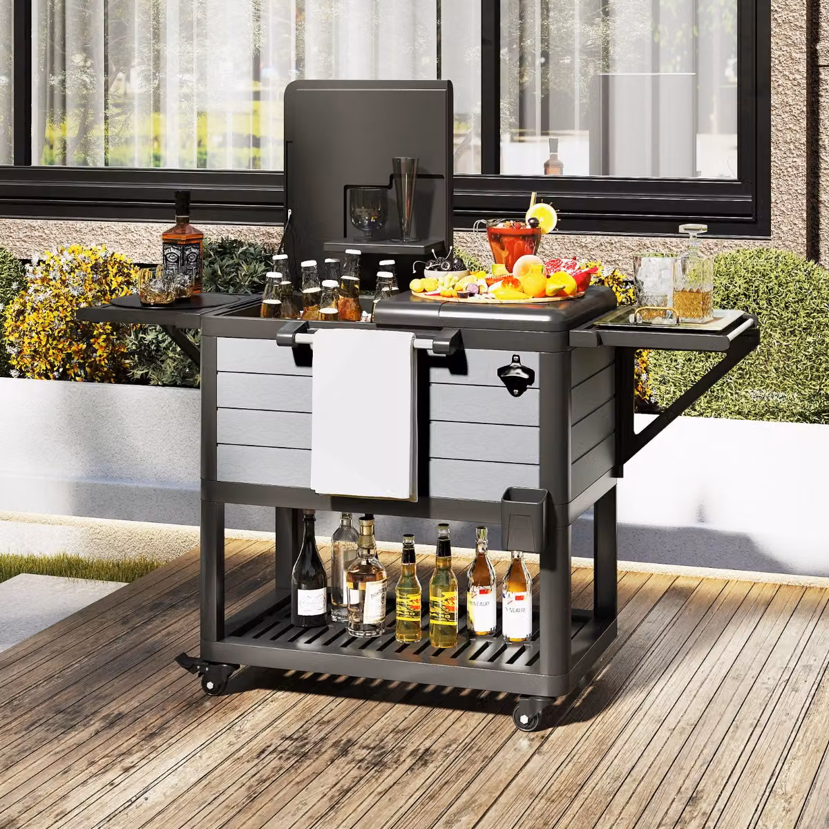 Carrello frigorifero da patio Costway su ruote con capacità 91 L, carrello per il ghiaccio portatile per feste in giardino, Nero e Grigio
