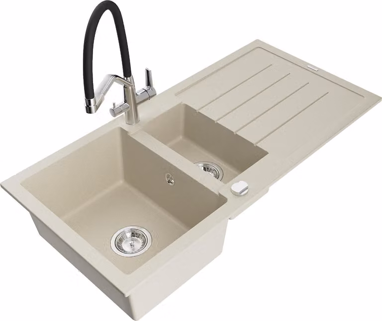 Mexen Andres lavello in granito 1,5 vasche con scolapiatti e miscelatore Duo, beige - 6515-69-671701-07