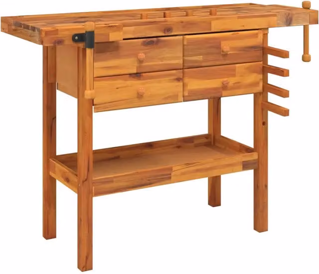 Banco Lavoro con Cassetti e Morse in Legno Massello di Acacia Marrone L/P/H: 124 x 52 x 83 cm CFW9978921