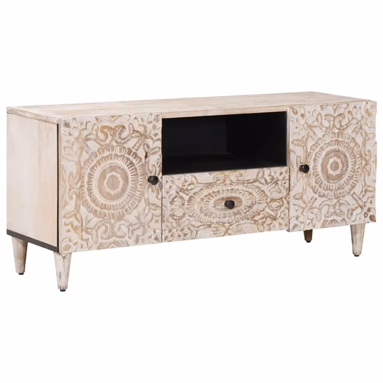 Mobile TV vidaXL Bianco in Legno di Mango Massello L: 105 cm, P: 33,5 cm, H: 46 cm
