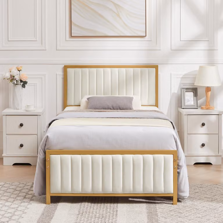 Letto a terra 90x200 cm, in metallo, color beige, con rete a doghe