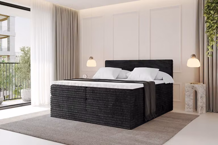 Letto boxspring ALTDECOR - TOLO-v1 KING 200x200 in velluto a coste - Nero - Set completo con materassi H3 e H4 e topper, letto imbottito con cassetti, rete a doghe, letto con contenitore, letto matrimoniale, letto a cassettoni