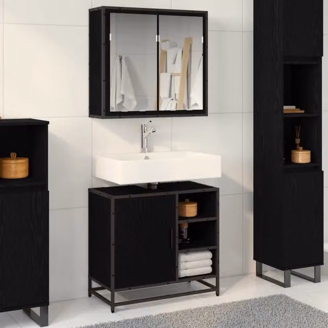 Set di mobili da bagno moderno vidaXL composto da mobile lavabo e armadietto con specchio nero L 65 x P 33 x H 60 cm – 1