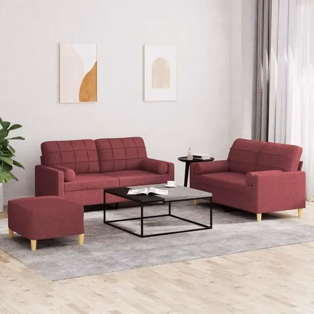 Set di divani 3 pezzi vidaXL in tessuto rosso con cuscini decorativi per soggiorno in stile moderno – 1