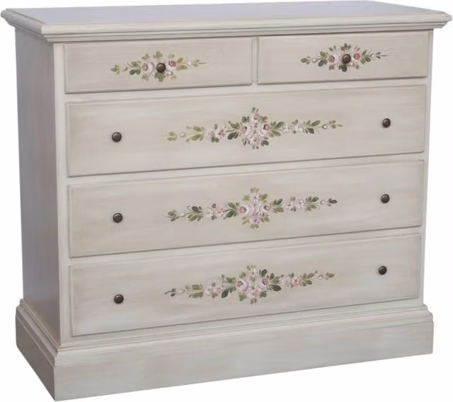 Cassettiera in legno con 5 cassetti stile shabby chic bianco anticato con decori floreali Mobili 2G L: 117 cm, P: 51 cm, H: 101 cm