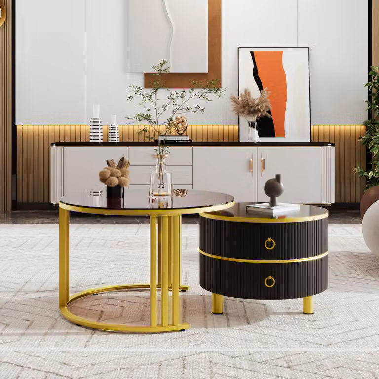Set di tavolini da salotto Merax 2-in-1, con finitura lucida, forma rotonda, dotato di 2 cassetti, effetto marmo, realizzati in MDF, con finiture dorate e nere
