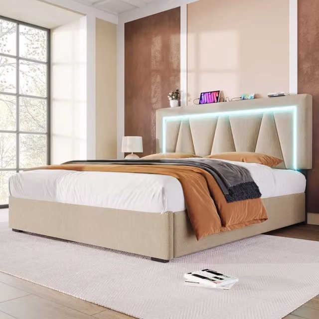 Letto matrimoniale imbottito 140 × 200 cm con contenitore LED USB e Type-C in lino con rete a doghe