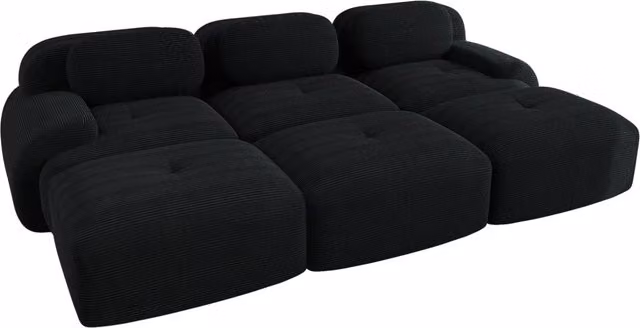 Divano modulare a 3 posti con 3 pouf in tessuto di velluto a coste nero, design senza telaio, consegna senza montaggio