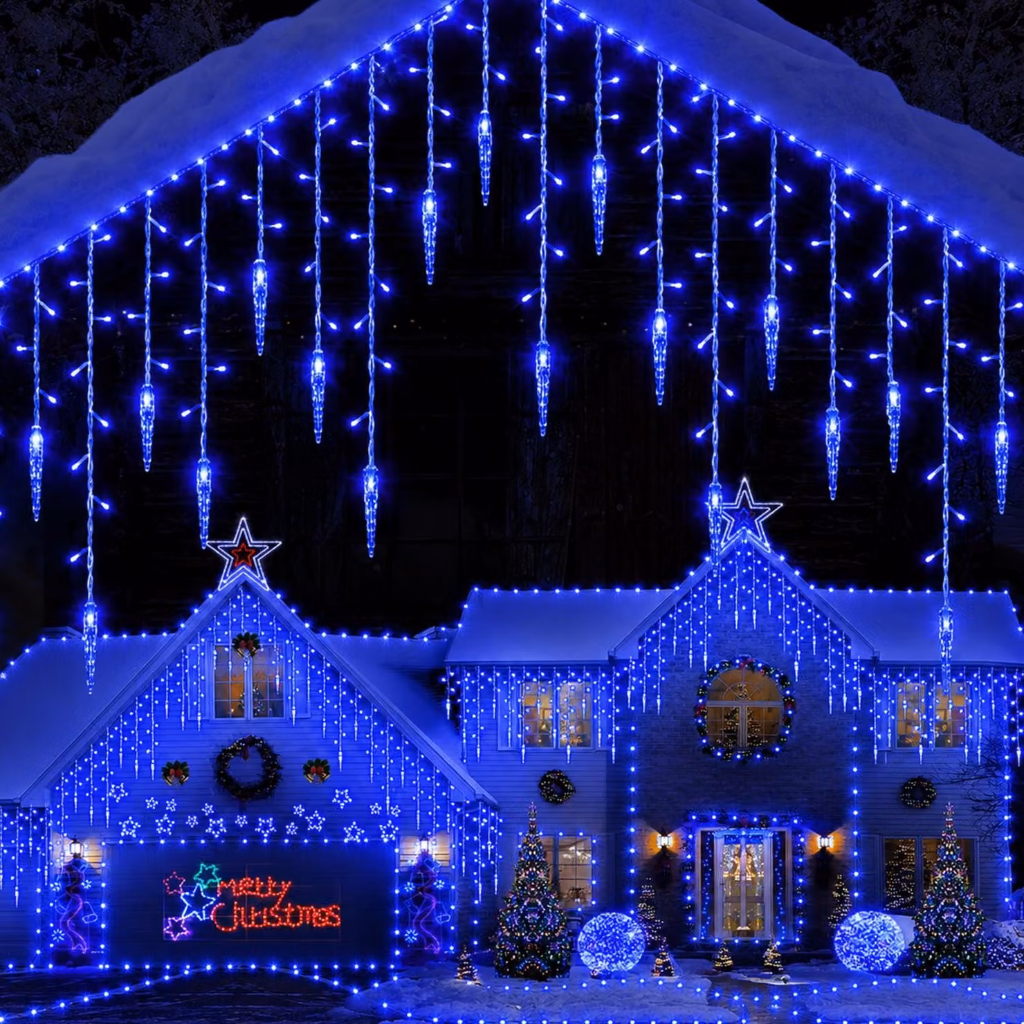 Catena luminosa a LED a forma di stalattiti, effetto pioggia di neve, tenda luminosa, decorazione natalizia per esterni, 8 modalità, adatta per balconi, finestre e decorazioni natalizie, colore blu