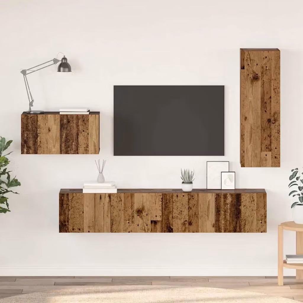 Set di 4 pezzi mobile porta TV moderno in legno multistrato color marrone con scomparti multimediali per il tuo soggiorno – 2