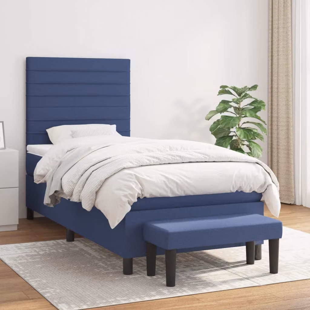 vidaXL Letto Ibrido con Giroletto a Molle e Materasso in Tessuto Blu e Bianco L/P/H: 200 x 100 x 128 cm