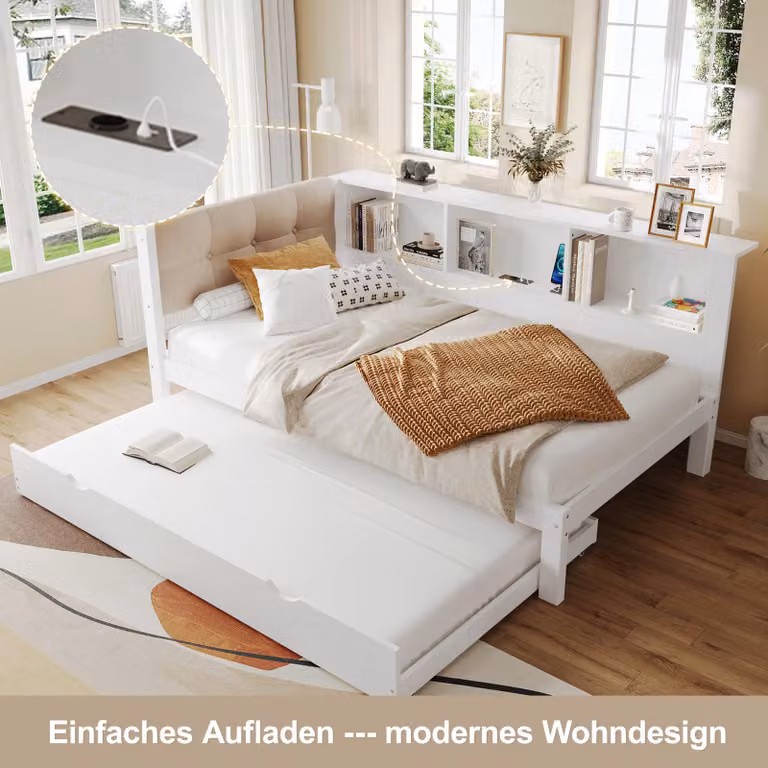 STILVORA Divano letto 90x200, divano letto senza materasso con letto estraibile, letto singolo con striscia LED dimmerabile e porta USB, bianco