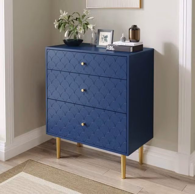Cassettiera ULEVR 75x40x89 cm con 3 cassetti di diverse profondit¨¤, blu navy e gambe in metallo