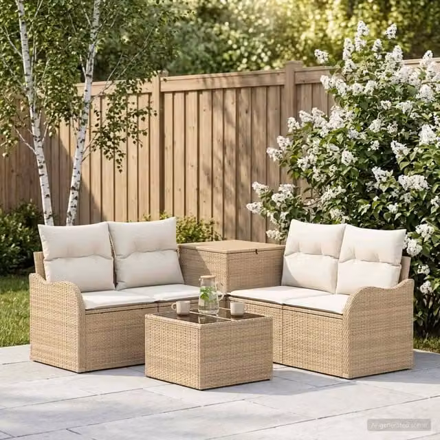 Set di mobili da giardino vidaXL composto da 6 pezzi con divano angolare a L, tavolino da caffè e pouf in stile moderno, colori beige e bianco