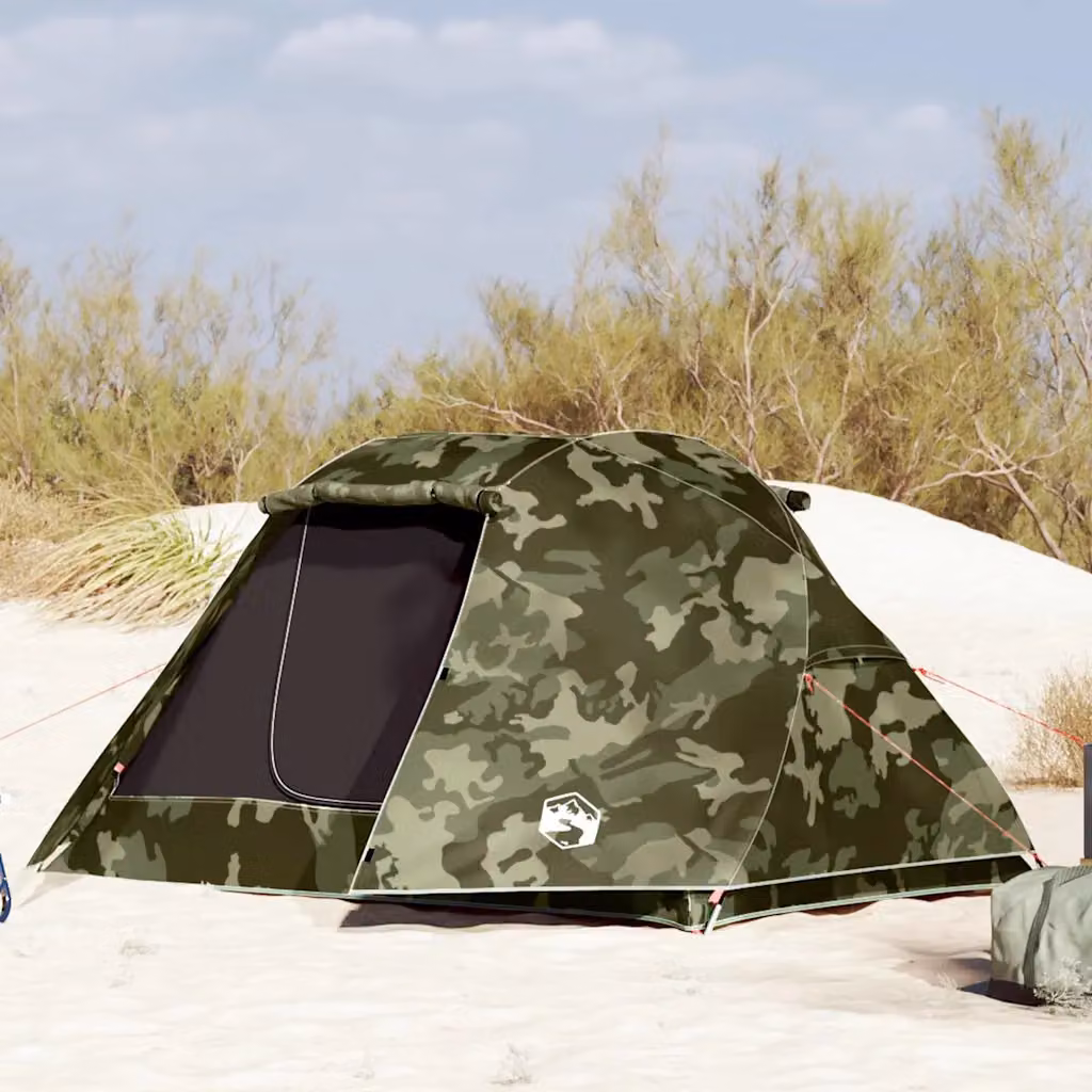 Tenda da pesca vidaXL per 3 persone, impermeabile, mimetica verde e multicolore in poliestere