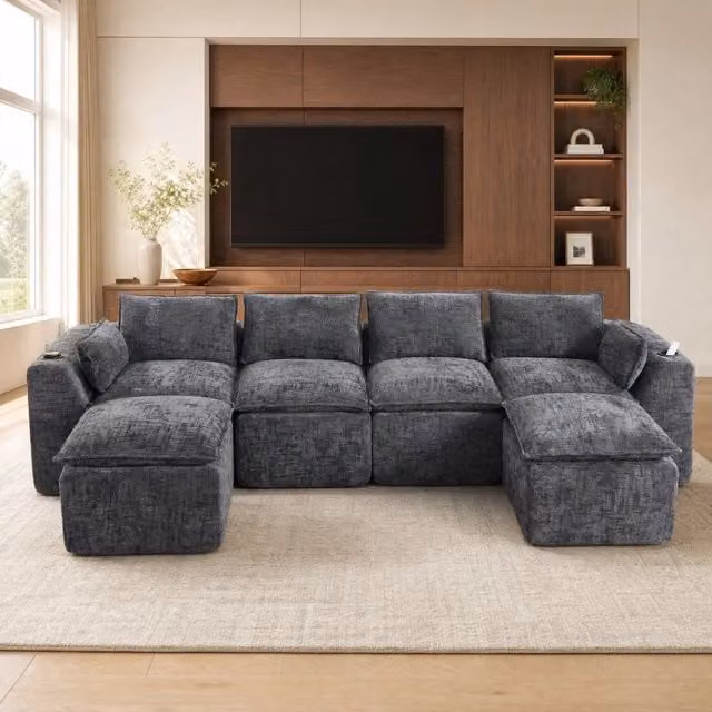 Divano modulare componibile 322x161x75 cm in chenille grigio scuro; con tasche laterali e cuscini