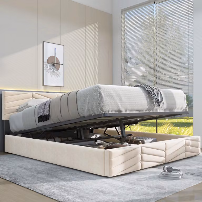 Letto imbottito STILVORA 140x190, letto multifunzionale con poggiatesta regolabile in altezza, adatto per adulti e adolescenti, facile da montare, rivestito in velluto olandese, color beige
