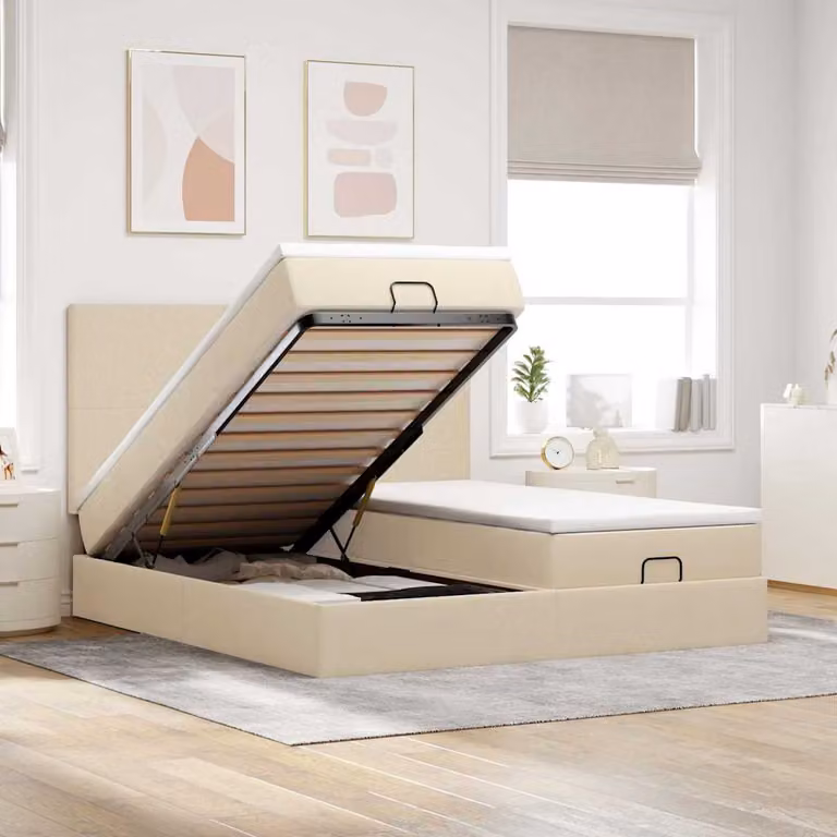Letto con contenitore a sollevamento vidaXL in tessuto beige e bianco, L 180 x P 200 cm