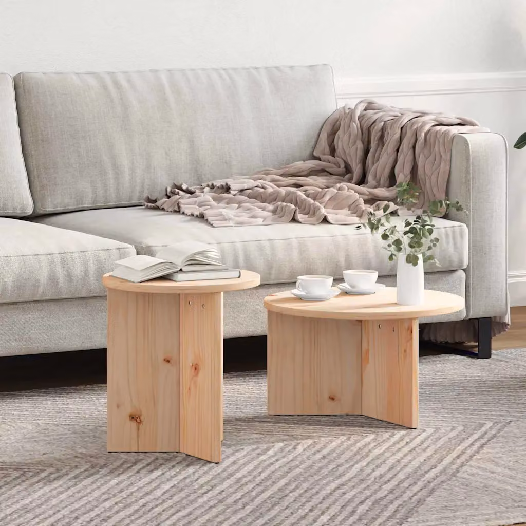 Set di 2 tavolini da salotto rotondi vidaXL in legno di pino naturale, design moderno con piani nidificati, L/P/H: 49 x 49 x 28 cm
