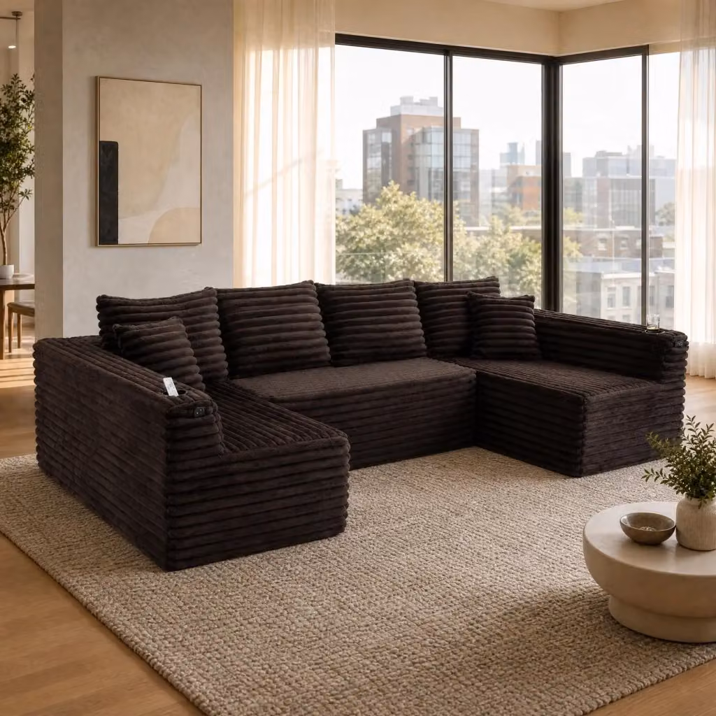 Divano modulare a U MODFU in velluto a coste marrone con portabicchiere e cuscini, L: 320 cm, P: 155 cm, H: 88 cm – 2