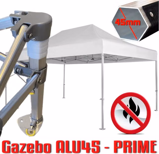 Gazebo 3x4,5 m bianco certificato IGNIFUGO SENZA laterali pieghevole alluminio piantone esagonale 45mm portatile estendibile richiudibile estensibile acciaio per fiere eventi stand chiosco tenda tendone mercato mercatino