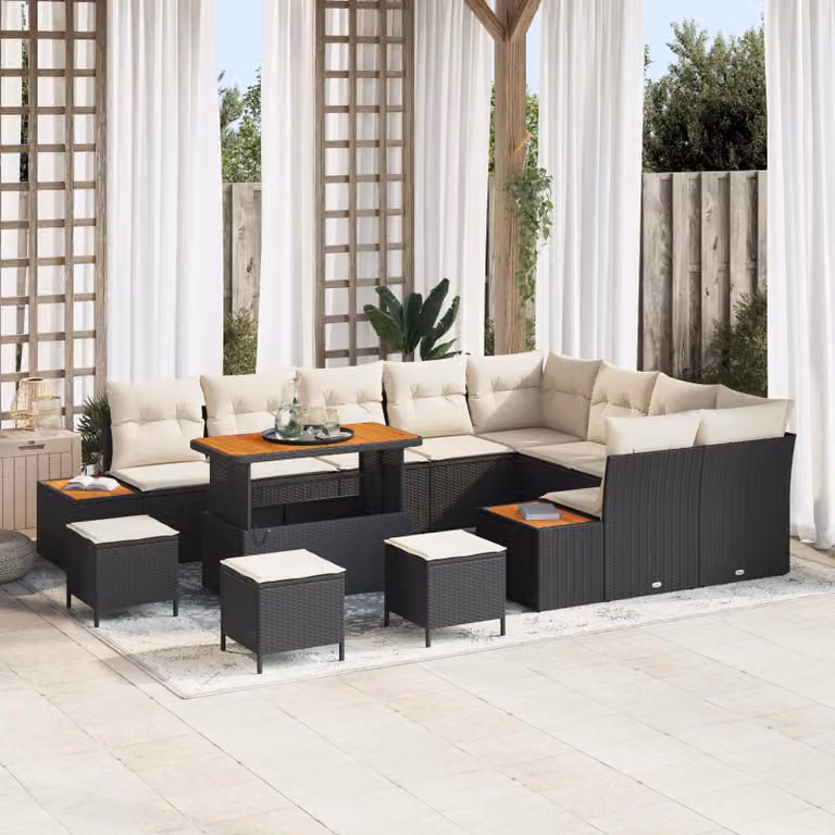Set Divano da Giardino vidaXL 13 Pezzi a Forma di L con Tavolino e Pouf, Nero e Beige