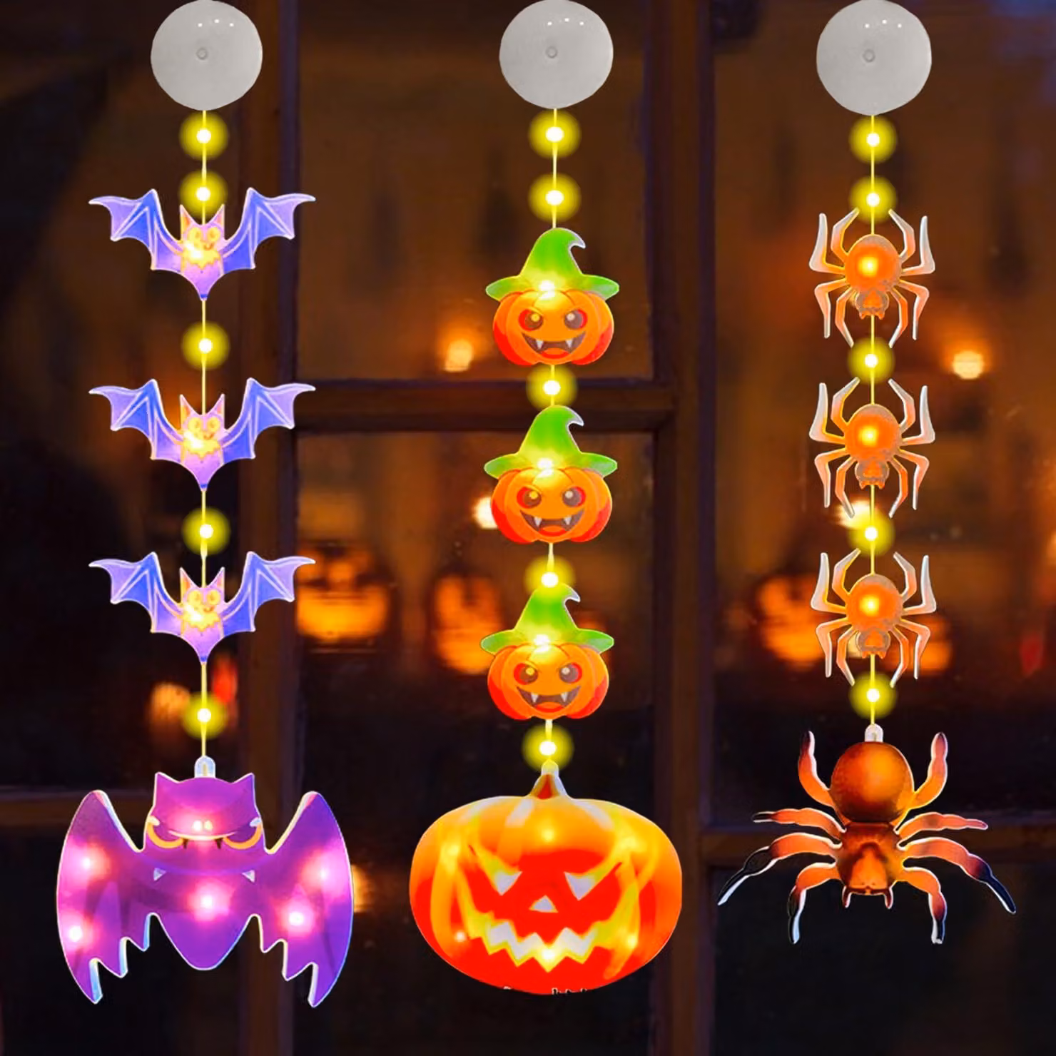 Set di 3 luci LED a forma di zucca per finestre, con ventosa