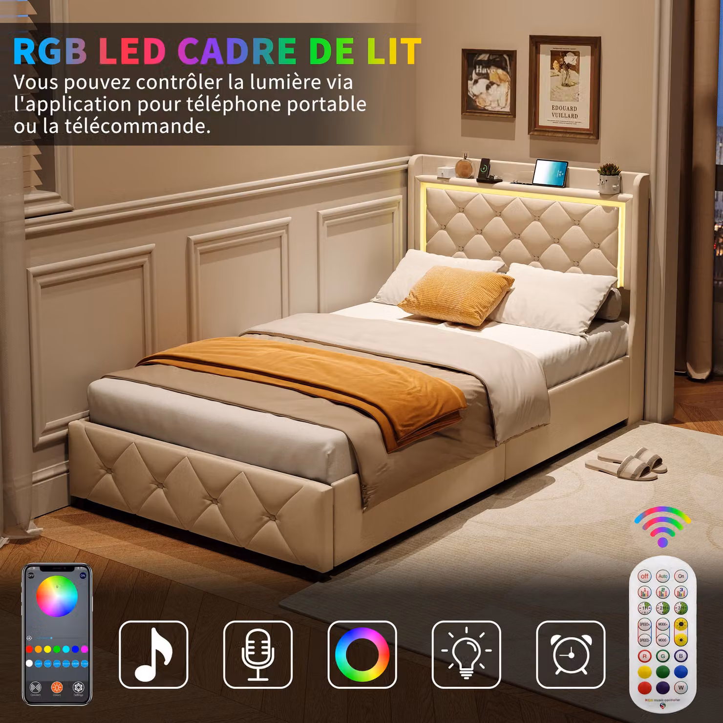 Letto singolo 90 x 200 cm, spazio contenitore, testiera con ripiani, illuminazione a LED, porta USB-C, rivestimento in velluto, beige